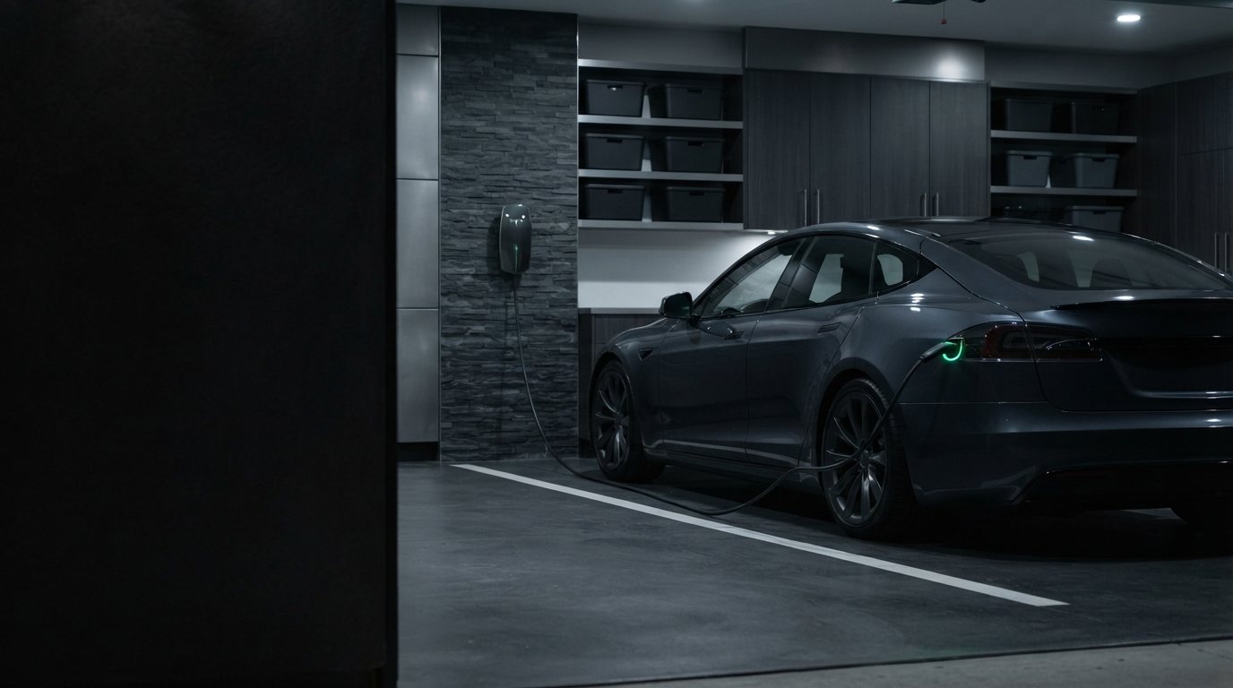 A dark Tesla parked at a charging stall in an upscale, well-lit private garage, charge cable connected to the port, the port