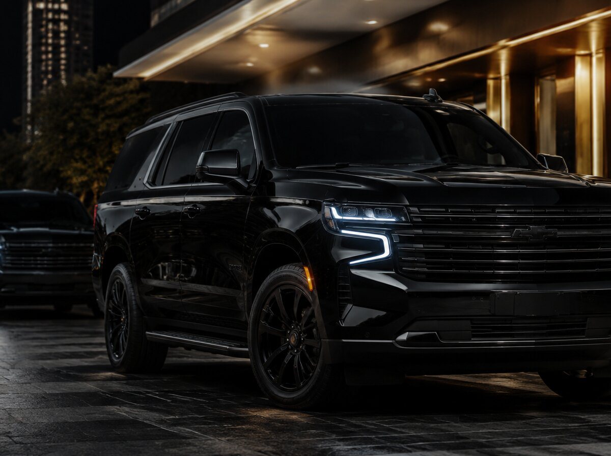 A black full-size American SUV, Chevrolet Tahoe proportions, photographed front three-quarter on clean asphalt, whole