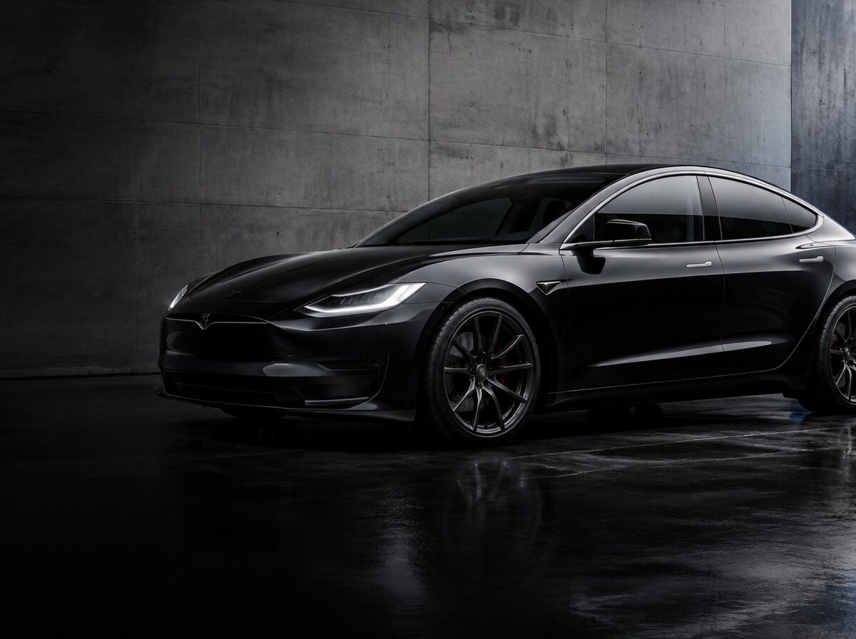 A black Tesla Model 3 in clean side profile against a plain mid-grey concrete wall, wheels straight, whole car with even