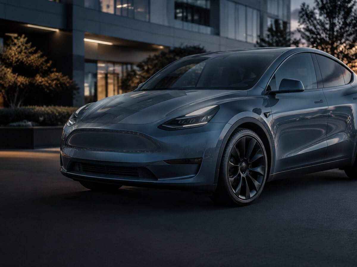A dark grey Tesla Model Y photographed rear three-quarter on a clean asphalt surface, whole vehicle, tailgate and one flank