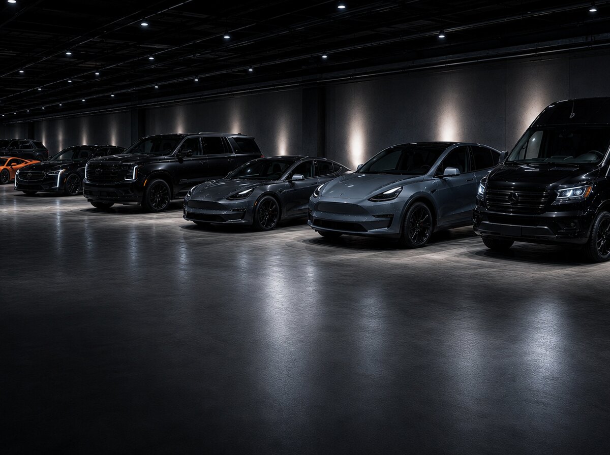 A long row of dark vehicles parked inside a lit modern parking structure, seen down the line: Teslas, blacked-out full-size SUVs, a high-roof van and, further back, a pair of brightly coloured supercars. Polished floor throwing reflections under the row.