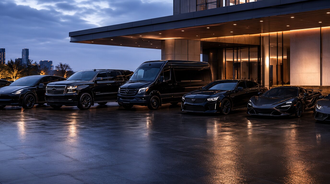 A fleet of black vehicles parked in a row on wet stone outside a lit modern building at blue hour, city skyline behind: two Teslas, a full-size SUV, a high-roof van, a sedan and two supercars, the building lights reflecting off the ground.