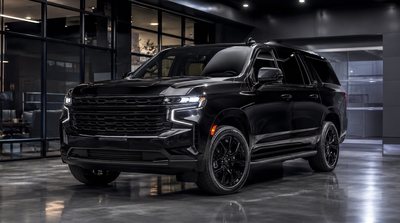 A black full-size Chevrolet SUV on black wheels standing alone on a polished floor inside a dark glass-walled showroom at night, lit from above, its reflection running out across the floor.