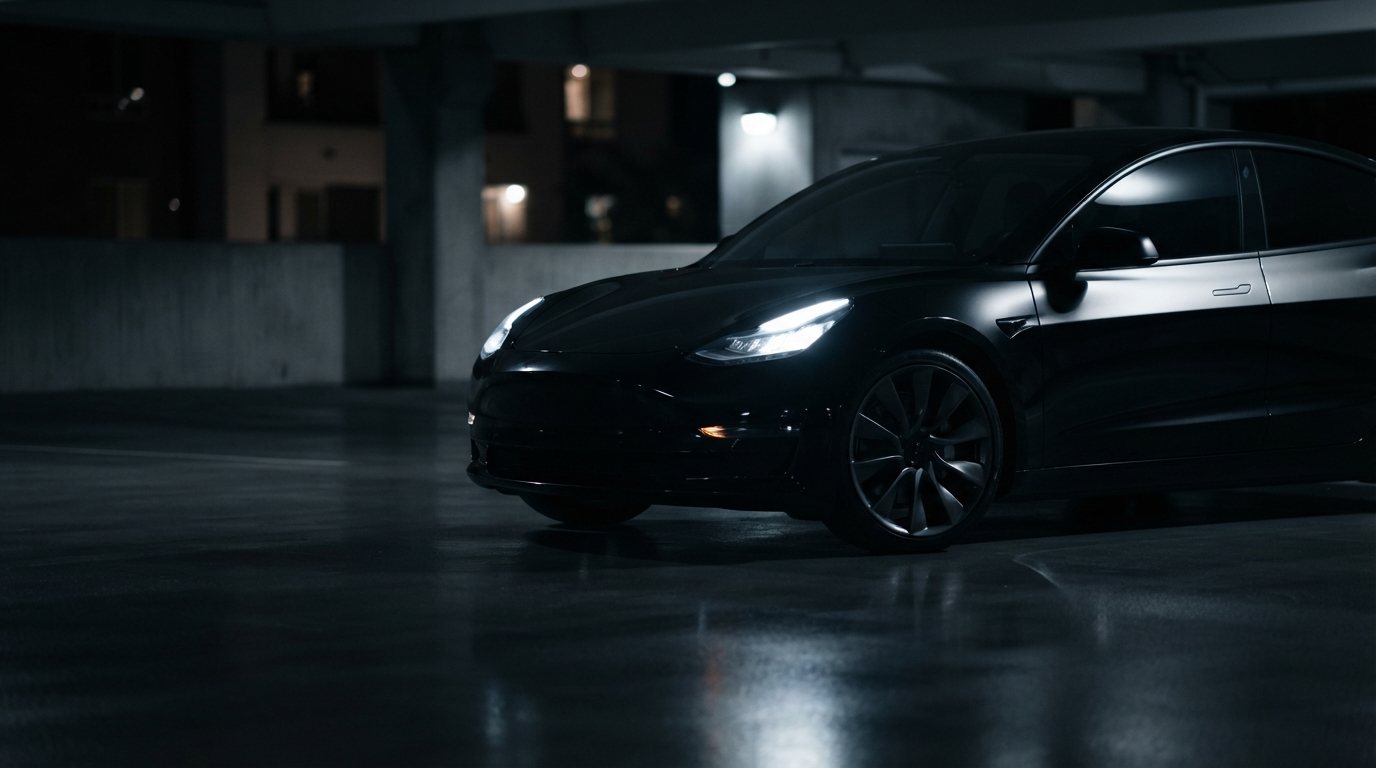 A black Tesla Model 3 Performance photographed front three-quarter from a low camera in a dark, near-black concrete parking
